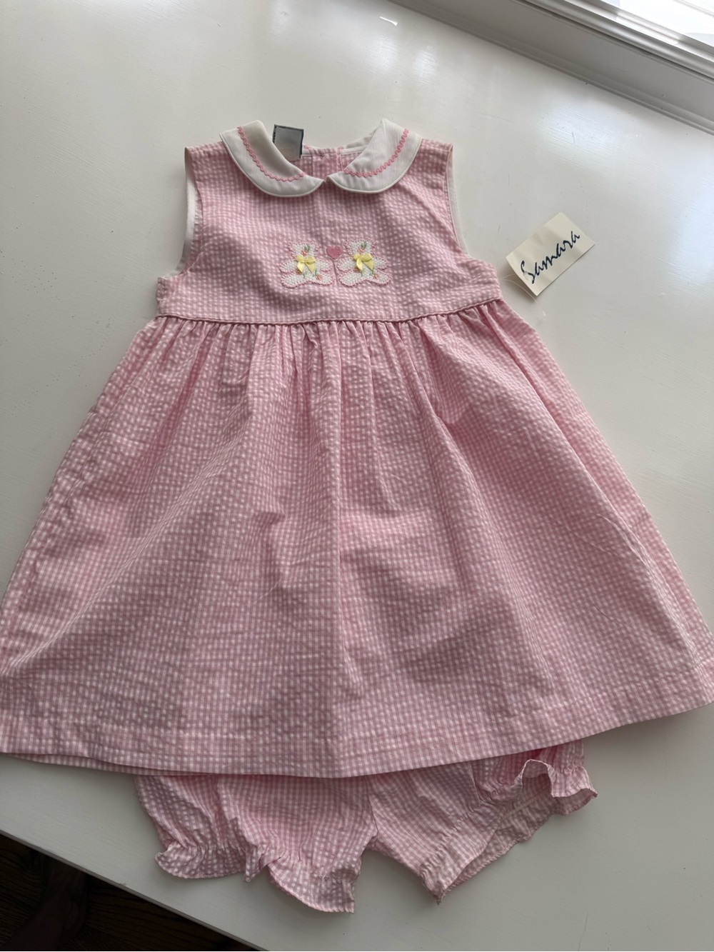 Samara Pink and White Striped Dress with White Trim and matching bloomers